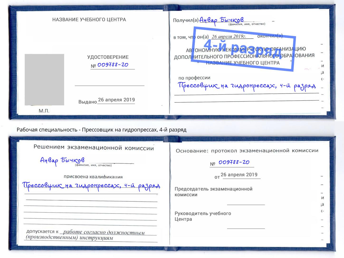 корочка 4-й разряд Прессовщик на гидропрессах Новошахтинск