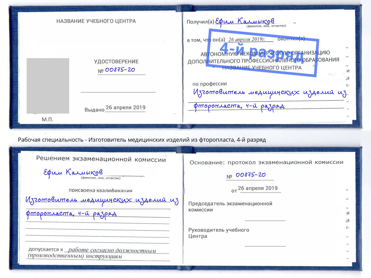 корочка 4-й разряд Изготовитель медицинских изделий из фторопласта Новошахтинск