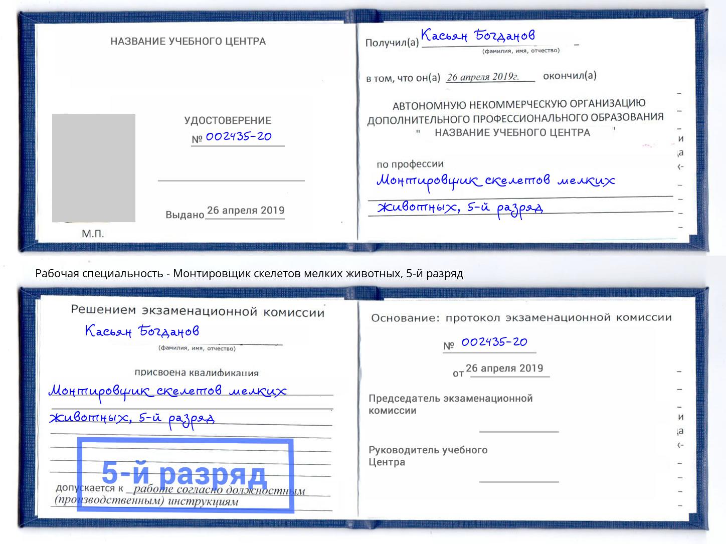 корочка 5-й разряд Монтировщик скелетов мелких животных Новошахтинск