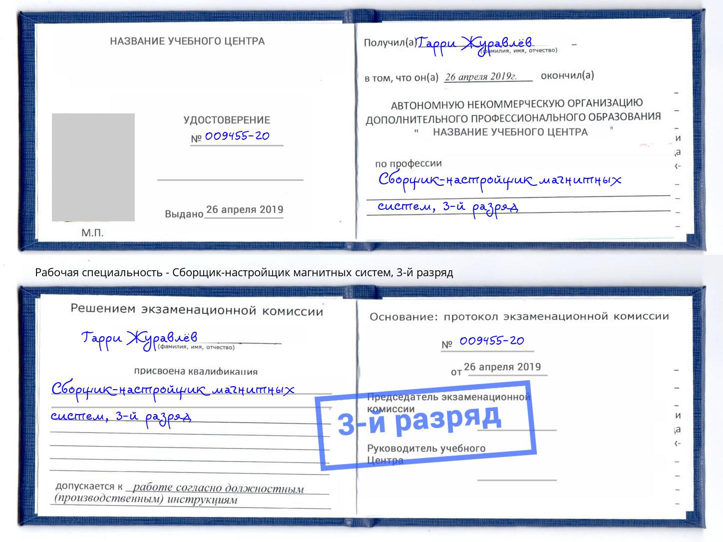 корочка 3-й разряд Сборщик-настройщик магнитных систем Новошахтинск