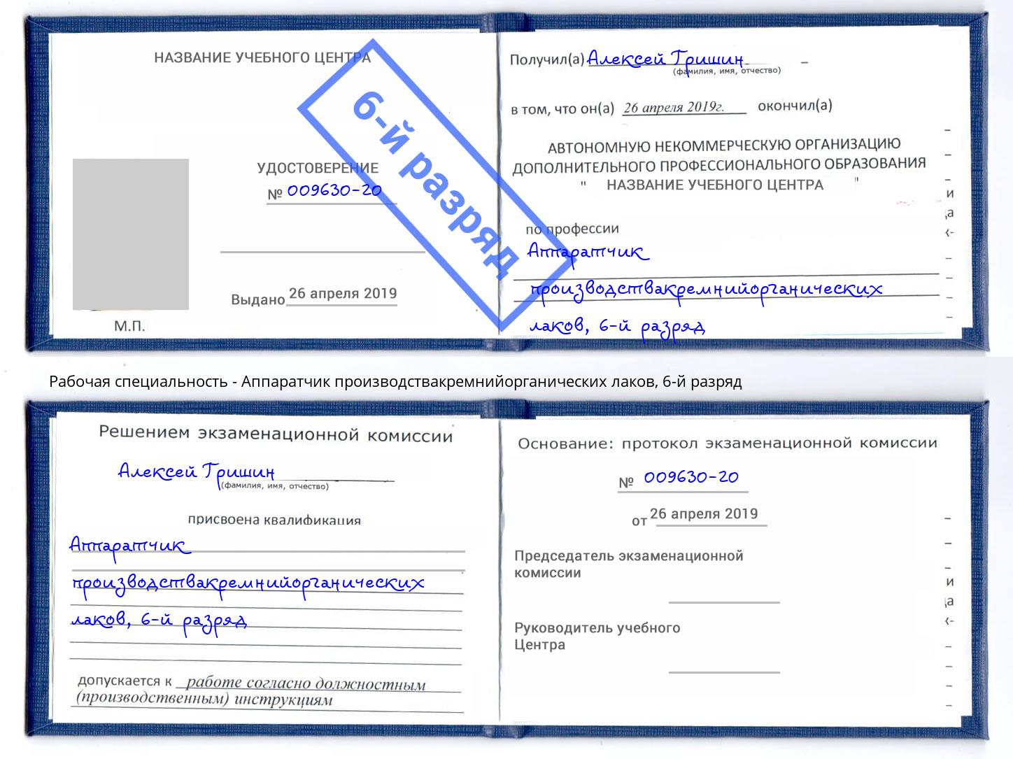 корочка 6-й разряд Аппаратчик производствакремнийорганических лаков Новошахтинск