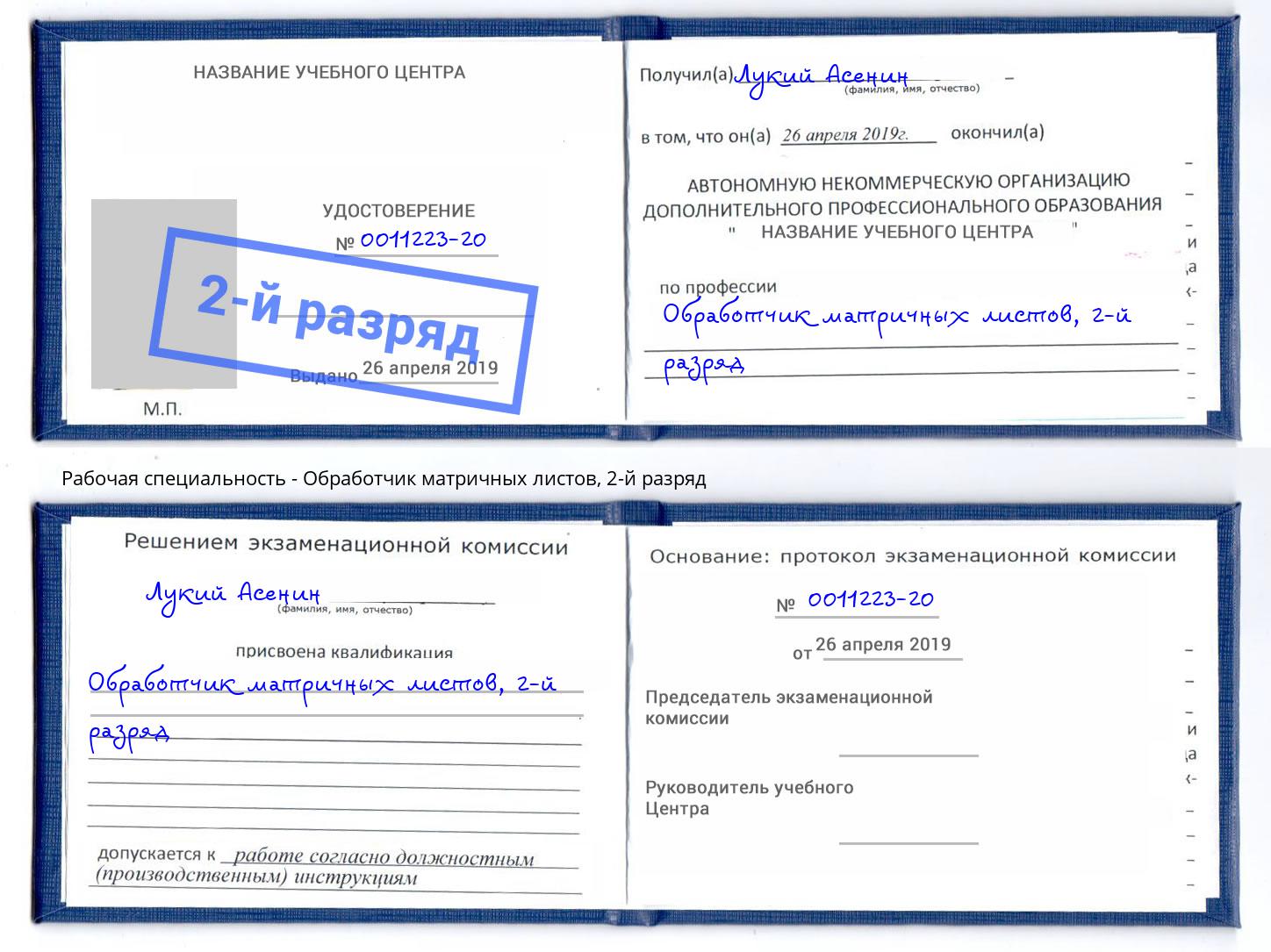 корочка 2-й разряд Обработчик матричных листов Новошахтинск