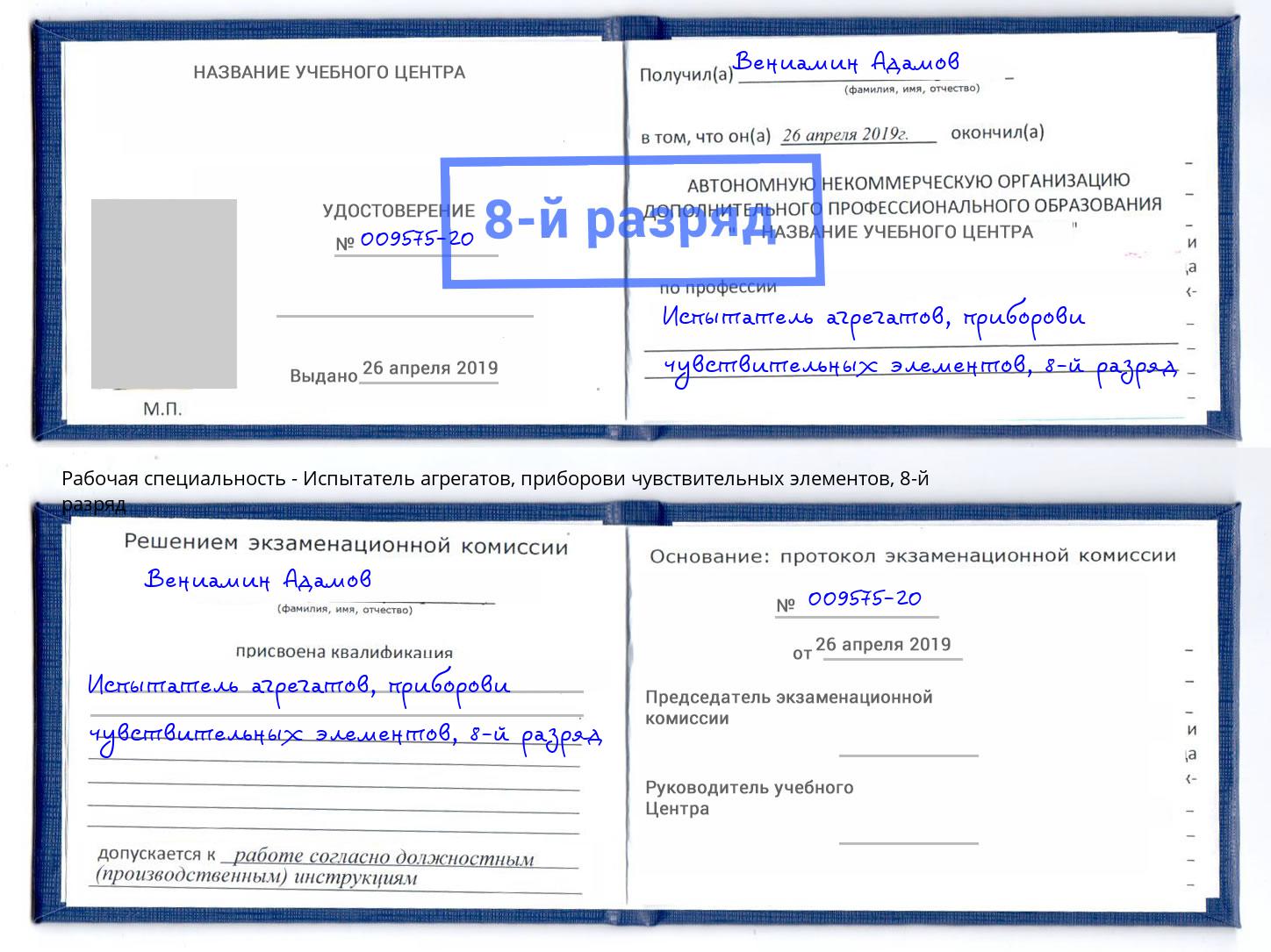 корочка 8-й разряд Испытатель агрегатов, приборови чувствительных элементов Новошахтинск